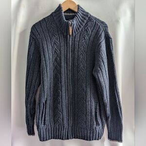 Maine Wool Blue Tweed Aran Cable Full Zip Knit Cardigan Fisherman Sweater - M
